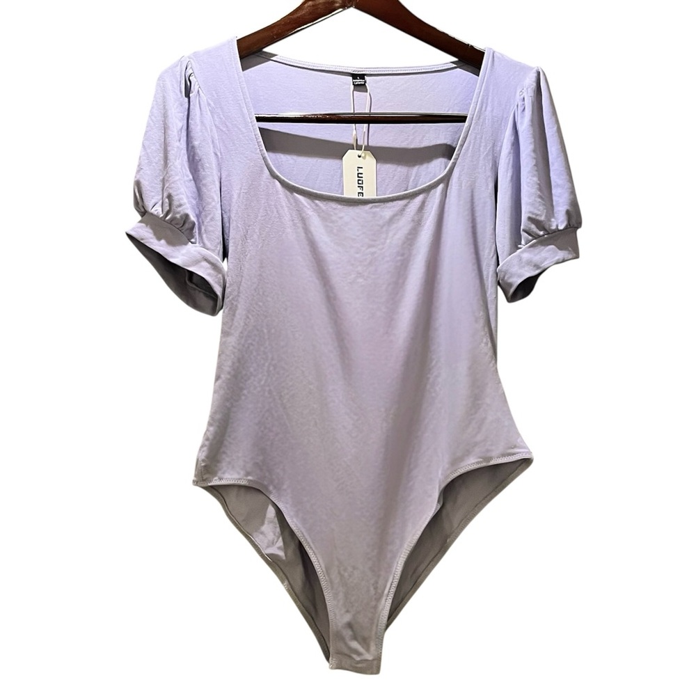 LUOFEN Women’s Puff Sleeve Bodysuit Square Neck Light Purple Rayon